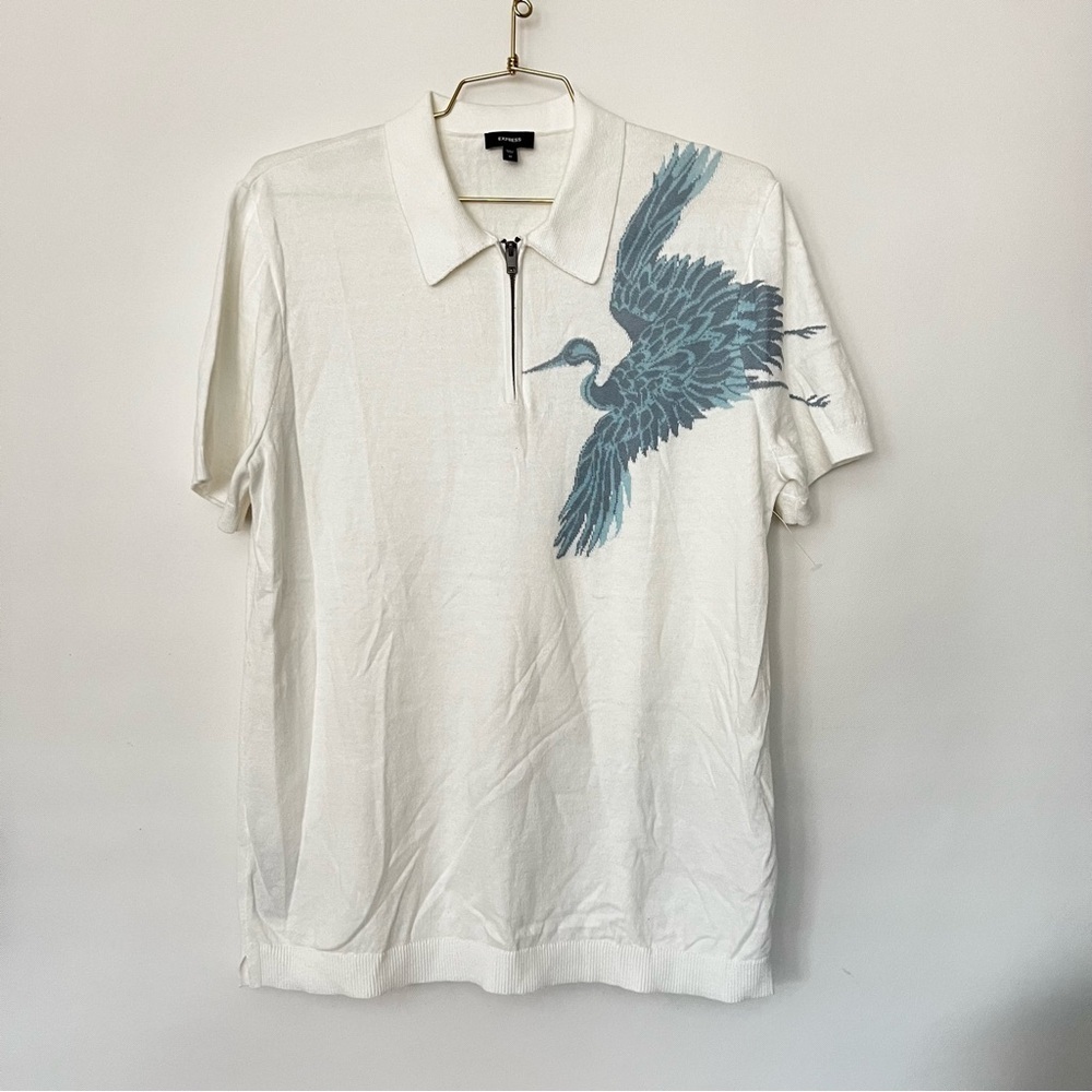 Express Flying Crane Zip Polo Size Medium Cream Beige Short Sleeve
